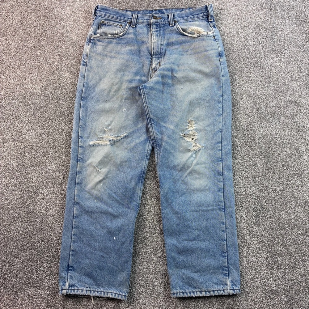 Vintage Carhartt Fleece Lined Jeans Mens 36x30 Blue Cotton Distressed B155 DST